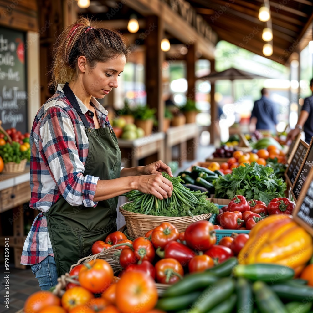 Market Fresh Produce. A vendor arranges vegetables at a stall. Market Fresh Produce. A vendor arranges vegetables at a stall.