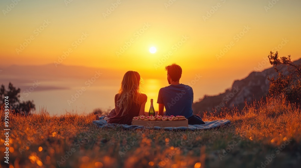 A couple enjoying a romantic picnic with heart-shaped cookies and a bottle of champagne, set against a sunset backdrop A couple enjoying a romantic picnic with heart-shaped cookies and a bottle of champagne, set against a sunset backdrop
