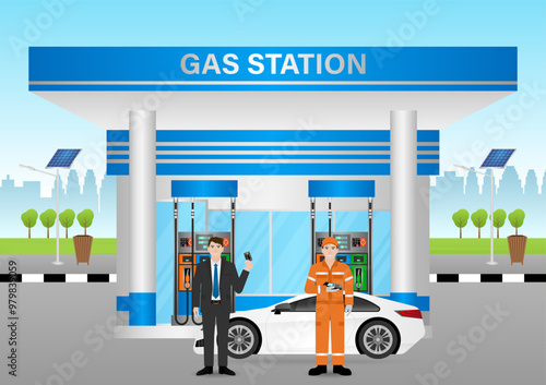 Man Making Payment by Credit Card  for Refueling Car at Gas Station. Vector Illustration.