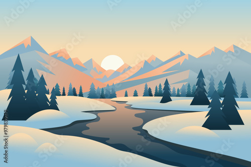 Winter sunrise landscape vector illustration. Beautiful winter landscape, mountains, forest, pine trees, spruce trees, frozen river and snowdrifts at dawn.
