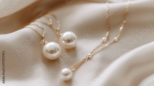 elegant pearl jewelry, including a necklace and earrings, delicately placed on soft, textured silk fabric.