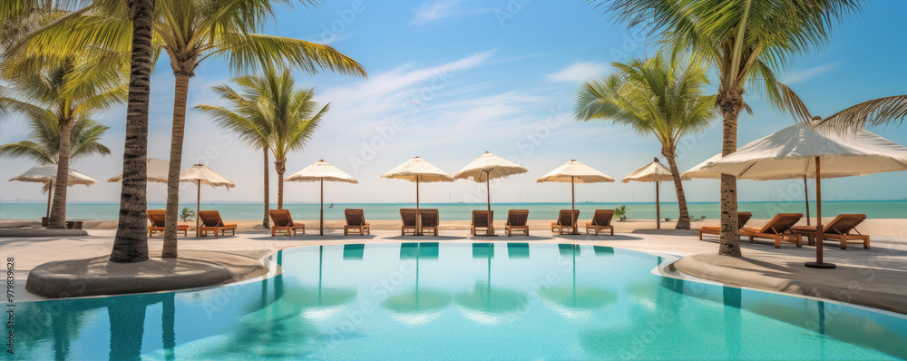 Luxury hotel with swimming pool. Best for summer holiday location. Sea or ocean in backgorund. Palms, loungers, umbrellas for perfect comfort Luxury hotel with swimming pool. Best for summer holiday location. Sea or ocean in backgorund. Palms, loungers, umbrellas for perfect comfort