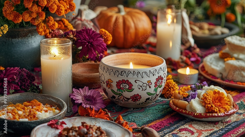 A vibrant autumn table setting featuring candles, flowers, and traditional dishes, perfect for celebrating seasonal gatherings. A vibrant autumn table setting featuring candles, flowers, and traditional dishes, perfect for celebrating seasonal gatherings.
