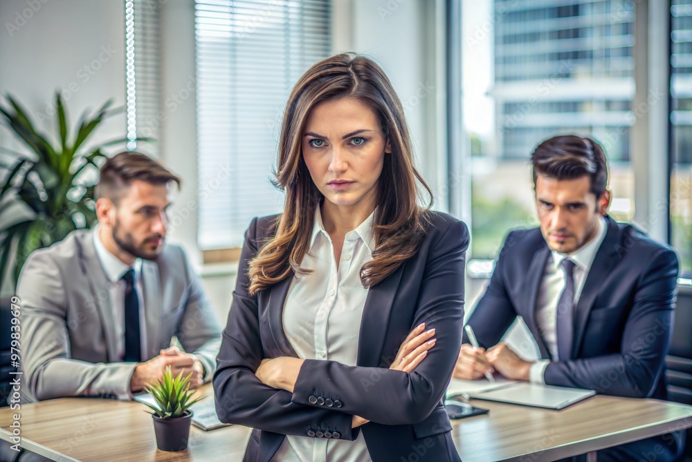 Fototapeta premium A woman in a gray suit sits at a table, behind her are two men in suits. Problems of a woman in a men's team. She looks angry and crosses her arms.