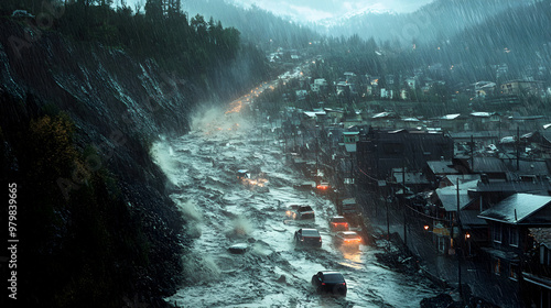 landslide triggered by heavy rain, leading to a flash flood that sweeps through a mountain town photo