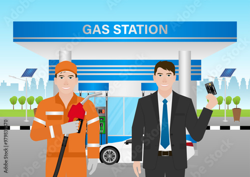 Man Making Payment by Credit Card  for Refueling Car at Gas Station. Vector Illustration.