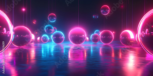 Floating neon spheres in a futuristic dark space with reflections on the ground