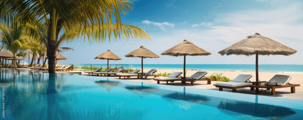Luxury hotel with swimming pool. Best for summer holiday location. Sea or ocean in backgorund. Palms, loungers, umbrellas for perfect comfort Luxury hotel with swimming pool. Best for summer holiday location. Sea or ocean in backgorund. Palms, loungers, umbrellas for perfect comfort
