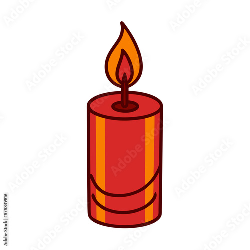 A red candle with a yellow stripe is lit. The candle is a symbol of warmth and light