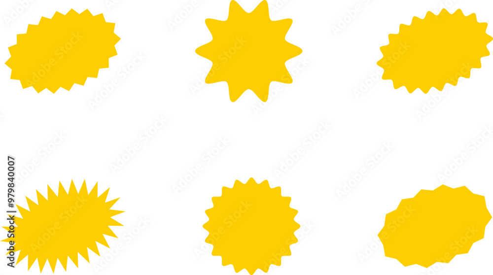Starburst yellow sticker set - collection of special offer sale oval and round shaped sunburst labels and badges. Promo stickers with star edges. Vector. Starburst yellow sticker set - collection of special offer sale oval and round shaped sunburst labels and badges. Promo stickers with star edges. Vector.