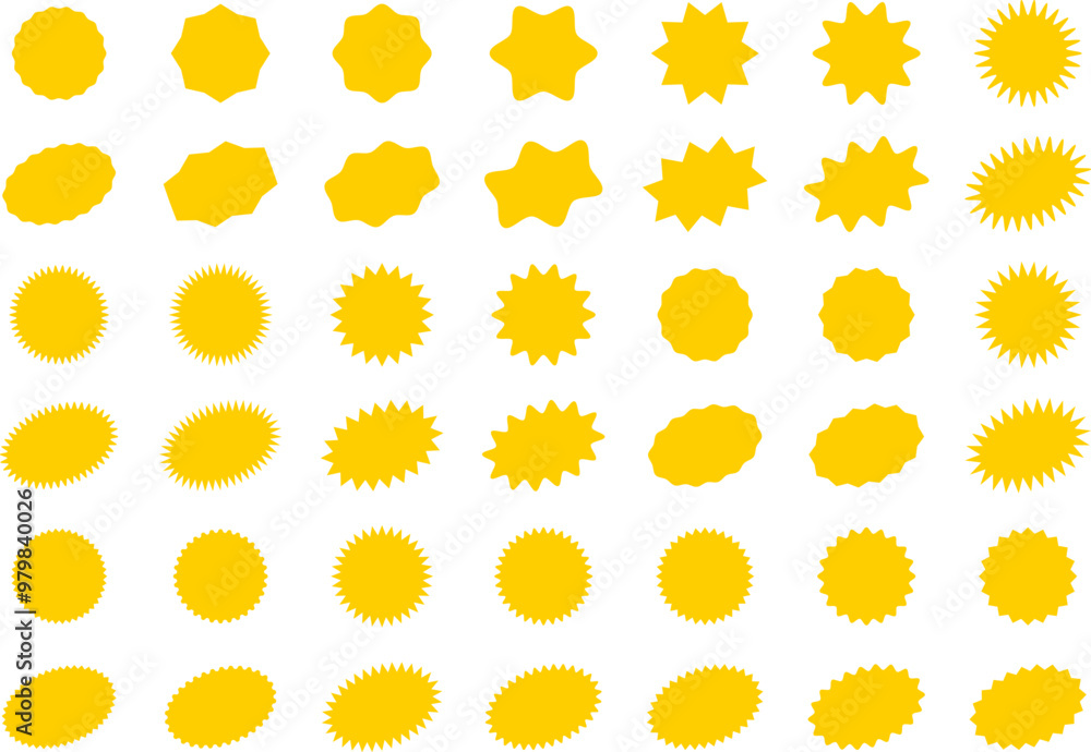 Starburst yellow sticker set - collection of special offer sale oval and round shaped sunburst labels and badges. Promo stickers with star edges. Vector. Starburst yellow sticker set - collection of special offer sale oval and round shaped sunburst labels and badges. Promo stickers with star edges. Vector.