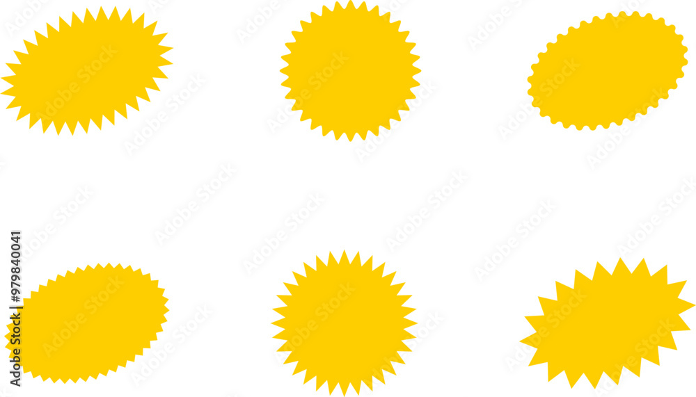 Fototapeta premium Starburst yellow sticker set - collection of special offer sale oval and round shaped sunburst labels and badges. Promo stickers with star edges. Vector.