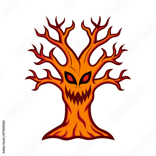 A tree with a scary face and red leaves. The tree is surrounded by a white background. The tree has a menacing look and is likely meant to evoke feelings of fear or unease
