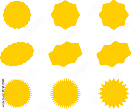 Starburst yellow sticker set - collection of special offer sale oval and round shaped sunburst labels and badges. Promo stickers with star edges. Vector.