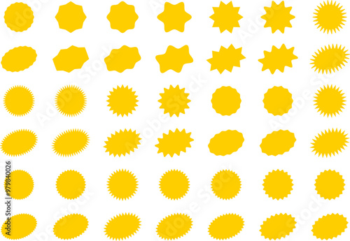 Starburst yellow sticker set - collection of special offer sale oval and round shaped sunburst labels and badges. Promo stickers with star edges. Vector.