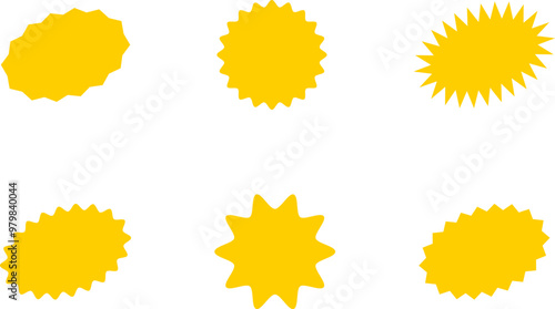 Starburst yellow sticker set - collection of special offer sale oval and round shaped sunburst labels and badges. Promo stickers with star edges. Vector.
