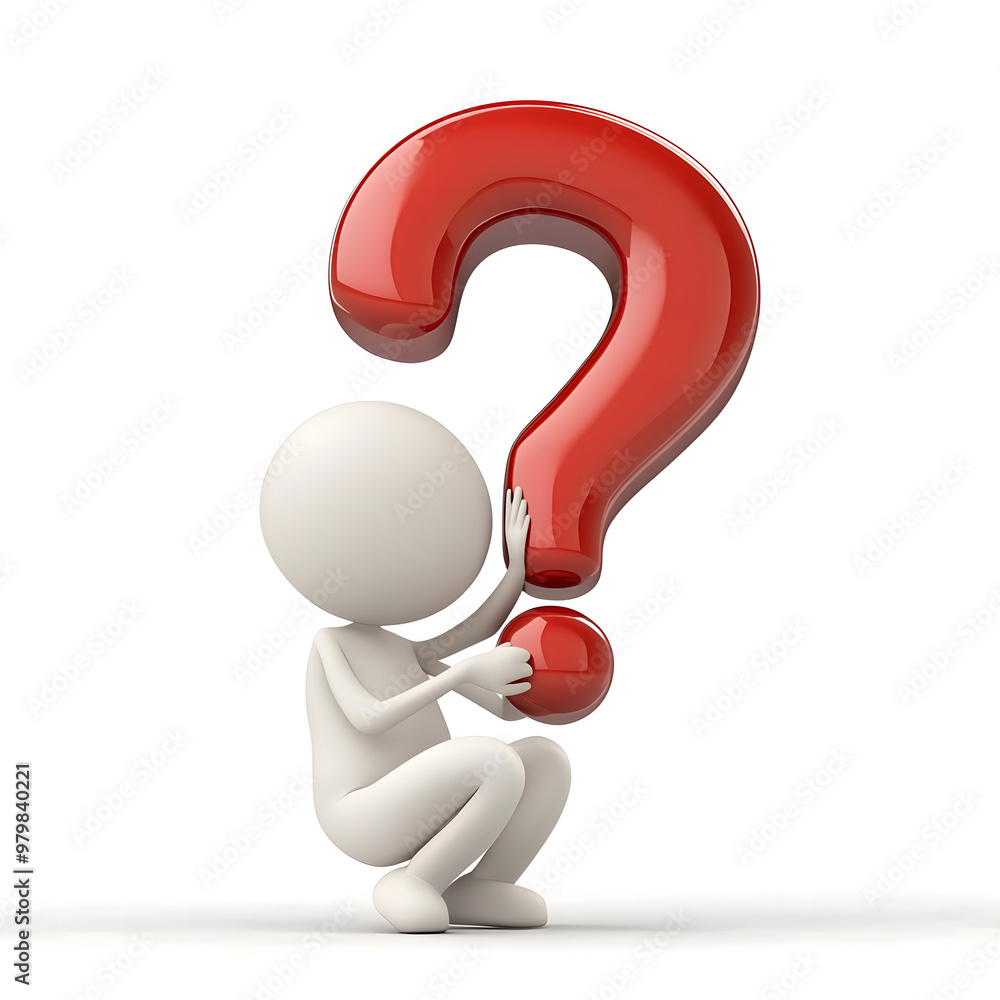 3D Character Holding a Large Red Question Mark on White Background – Conceptual Illustration 3D Character Holding a Large Red Question Mark on White Background – Conceptual Illustration