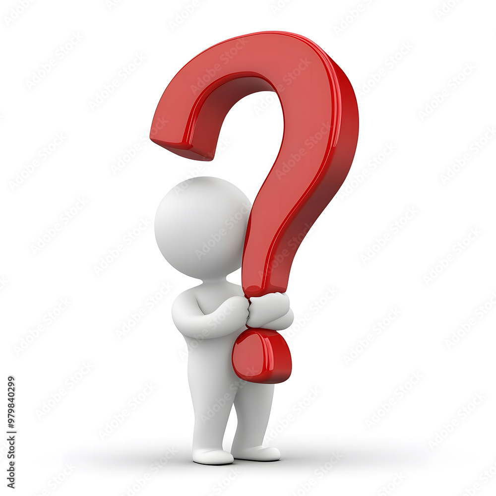 3D Character Holding a Large Red Question Mark on White Background – Conceptual Illustration 3D Character Holding a Large Red Question Mark on White Background – Conceptual Illustration