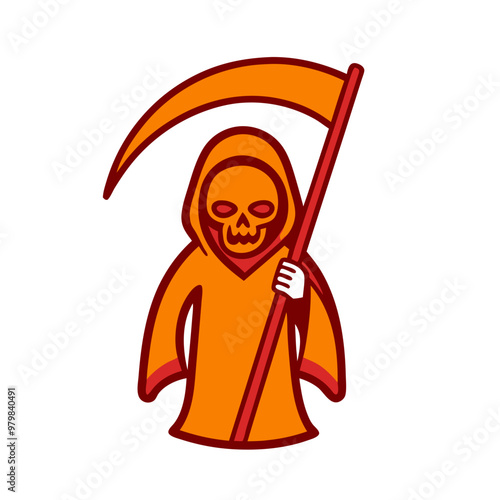 A skeleton is holding a long, curved staff. The skeleton is orange and has a creepy, sinister appearance