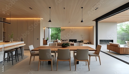 Airy minimalist living and dining space featuring natural materials and a split-level design aesthetic