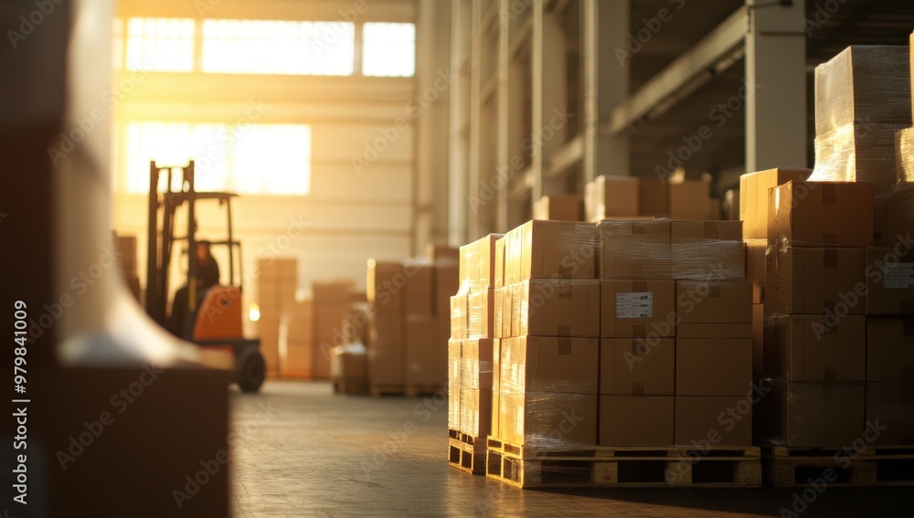 A wide shot of boxes stacked in the warehouse with pallets and a forklift Generative AI A wide shot of boxes stacked in the warehouse with pallets and a forklift Generative AI