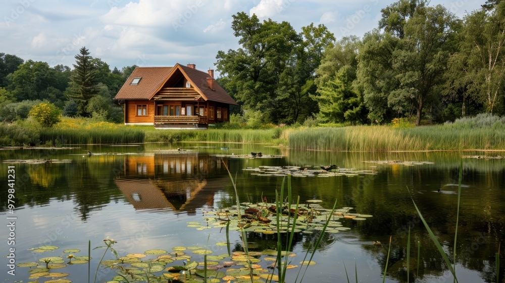 A small house with a porch sits on a lake A small house with a porch sits on a lake