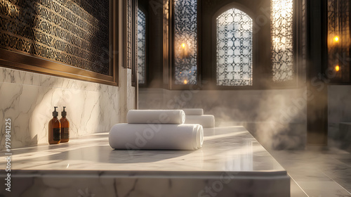A luxurious Turkish hammam with marble walls and steam.