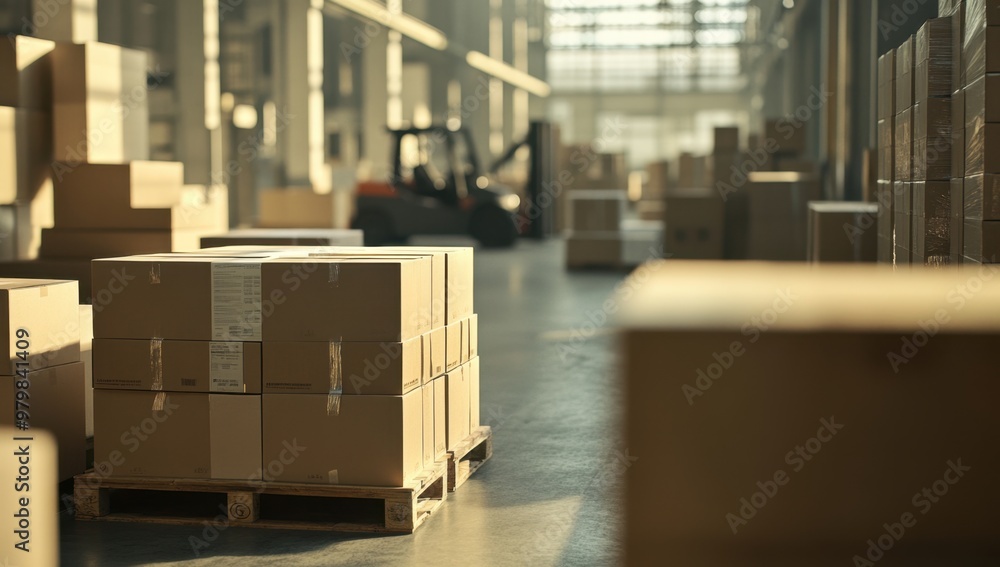 a warehouse with boxes and pallets in the background, medium shot, with a blurred forklift loading cardboard boxes on top of each other Generative AI a warehouse with boxes and pallets in the background, medium shot, with a blurred forklift loading cardboard boxes on top of each other Generative AI
