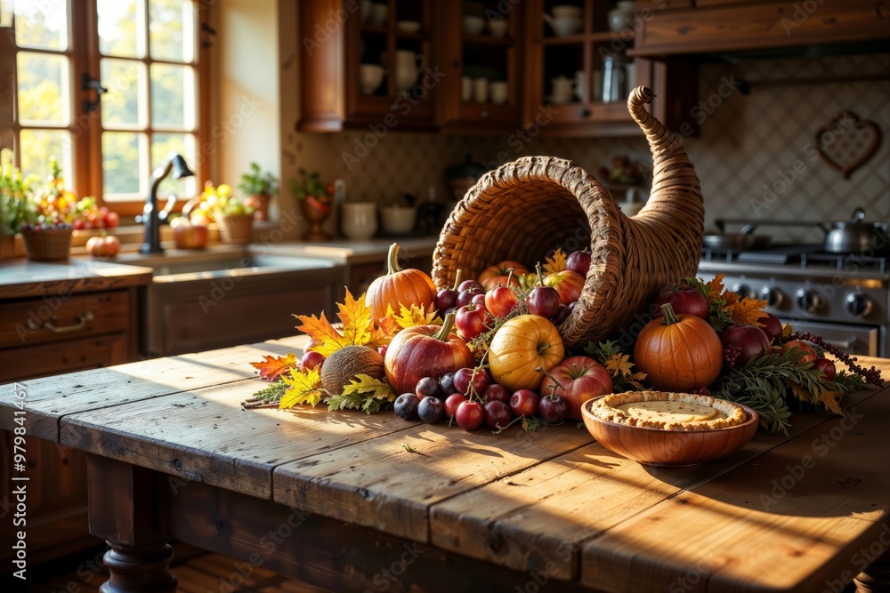Autumn Harvest Display. A cornucopia spills fruits on a wooden table.