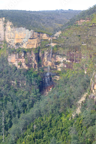 Photograph of a scenic waterfall cascading in the Grose Valley near Blackheath in the Blue Mountains in New South Wales, Australia.