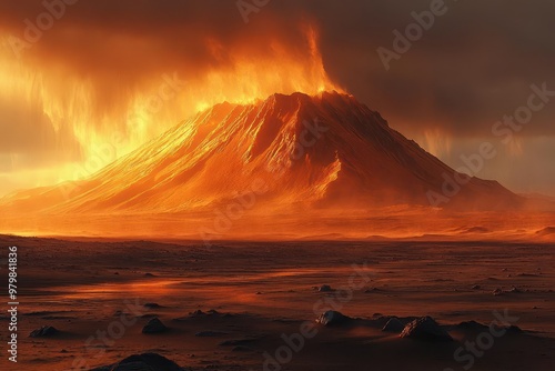 epic martian landscape at sunset massive olympus mons looming on horizon rusty dunes casting long shadows dust storm approaching photo