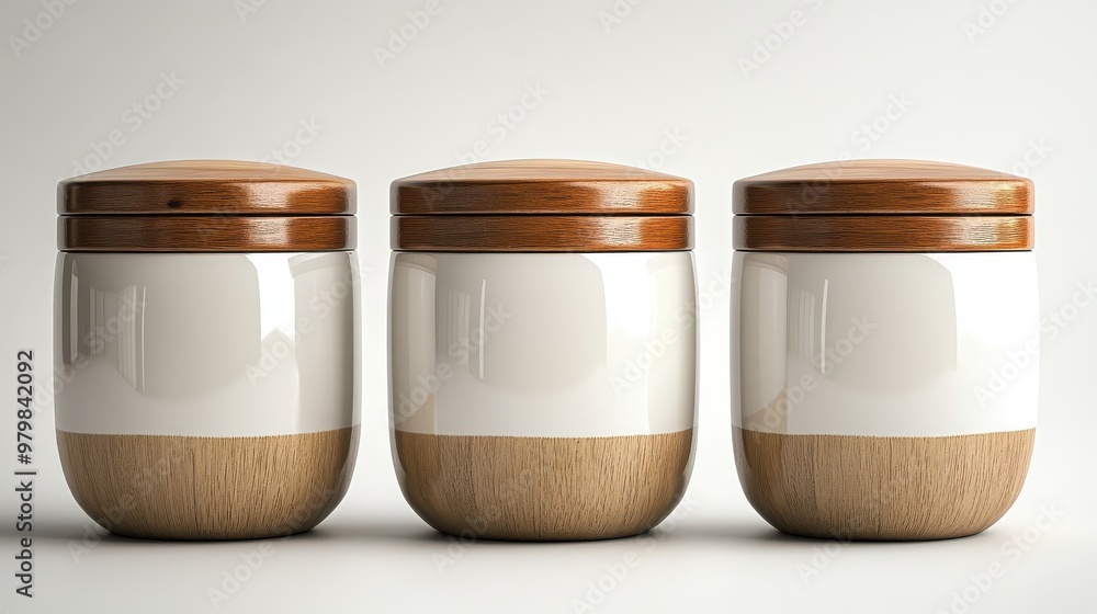 Set of ceramic kitchen canisters with wooden lids, placed neatly on a white background Set of ceramic kitchen canisters with wooden lids, placed neatly on a white background