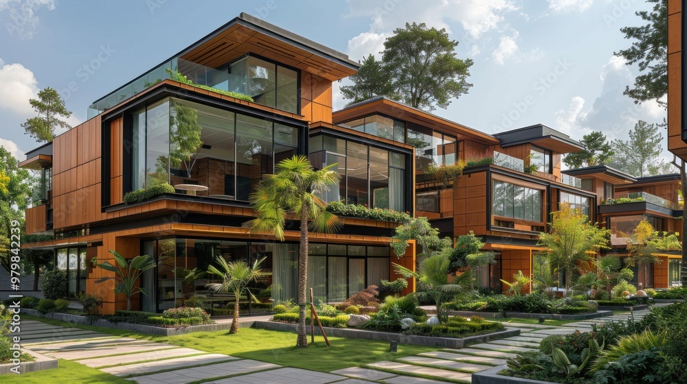 Fototapeta premium A residential area with two houses and a grassy walkway between them
