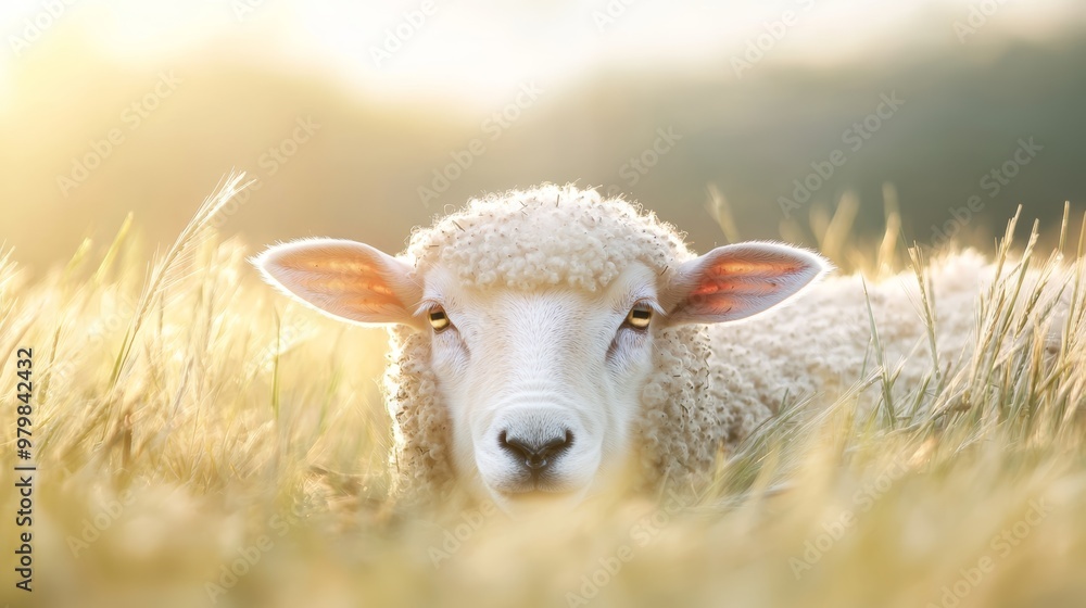 Obraz premium A sheeps face nestled in a field of grass, its wool slightly tousled by the wind, symbolizing the beauty of farm animals in their natural environment.