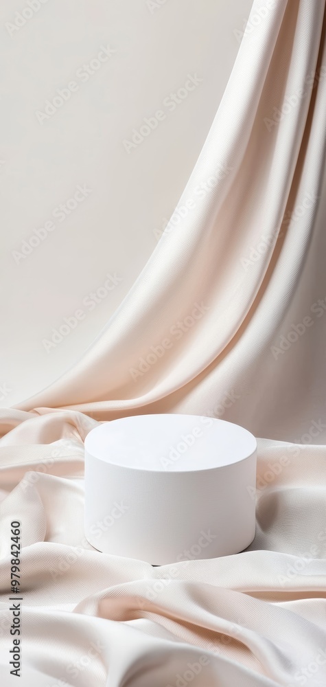 A simple white podium in the center of soft, flowing fabric, creating an elegant and timeless atmosphere for premium product photography. A simple white podium in the center of soft, flowing fabric, creating an elegant and timeless atmosphere for premium product photography.