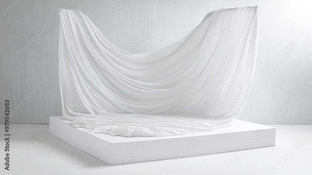 A sleek white platform enveloped in soft, billowing fabric, offering an elegant stage for luxury product presentations. A sleek white platform enveloped in soft, billowing fabric, offering an elegant stage for luxury product presentations.