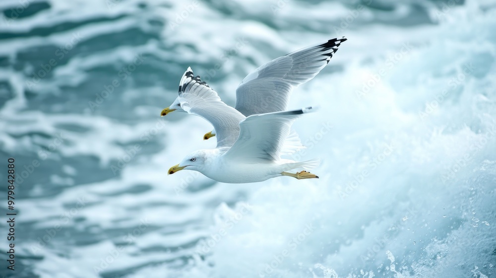 A close-up of seagulls flying over the ocean, their wings spread wide as they glide effortlessly above the waves A close-up of seagulls flying over the ocean, their wings spread wide as they glide effortlessly above the waves