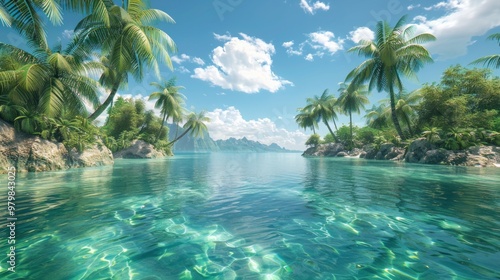 A beautiful tropical beach with palm trees and clear blue water