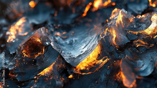 A close-up of volcanic glass (obsidian) glistening in the sunlight, formed from rapidly cooled lava