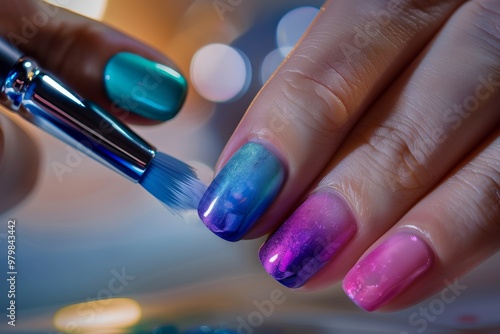 A closeup of hands with nail polish being applied, set against the backdrop of an elegant salon environment. The focus is on one hand in the foreground and another person's nails being painted in vari photo