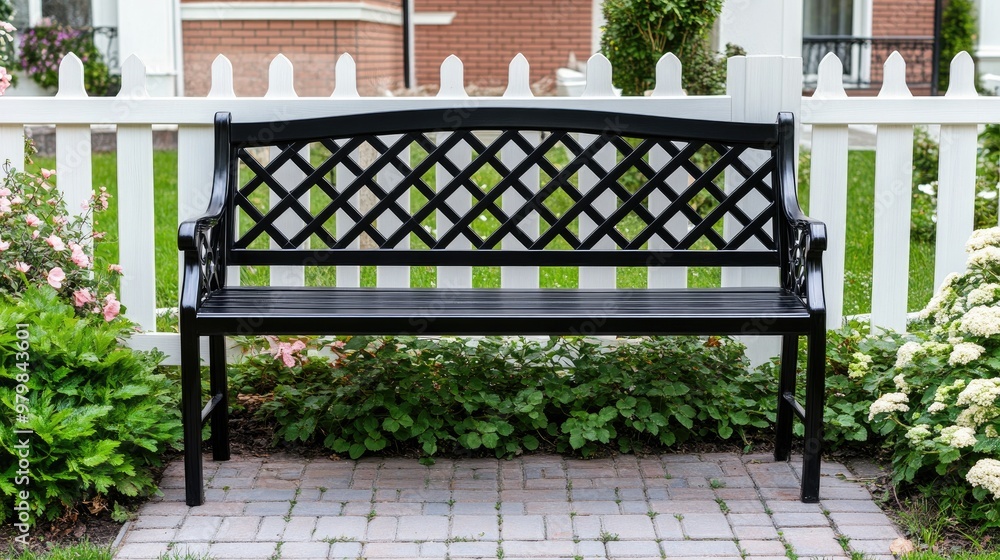 A black bench sits peacefully on a brick walkway, surrounded by a sunny neighborhood and a white latticed fence A black bench sits peacefully on a brick walkway, surrounded by a sunny neighborhood and a white latticed fence