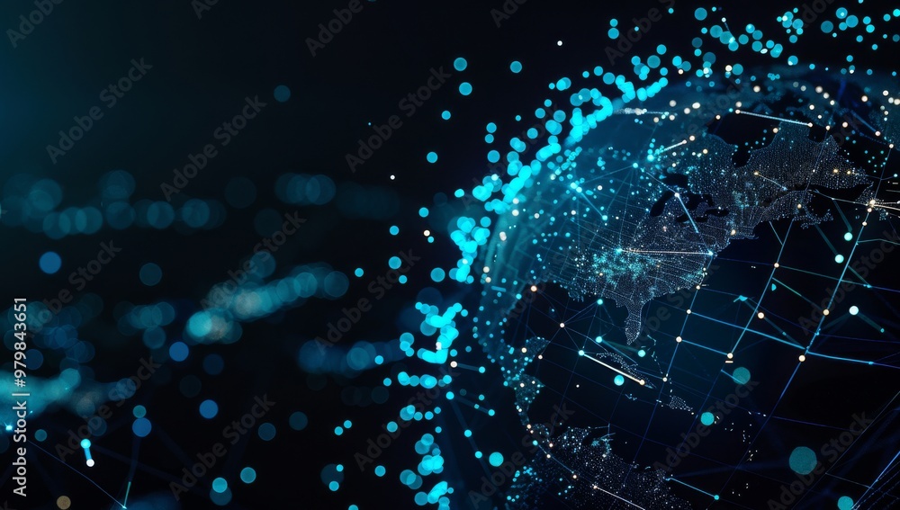 A closeup of the Earth's globe made up entirely from digital data streams, symbolizing global connectivity and technology, set against an abstract dark background with neon blue lighting accents. The A closeup of the Earth's globe made up entirely from digital data streams, symbolizing global connectivity and technology, set against an abstract dark background with neon blue lighting accents. The