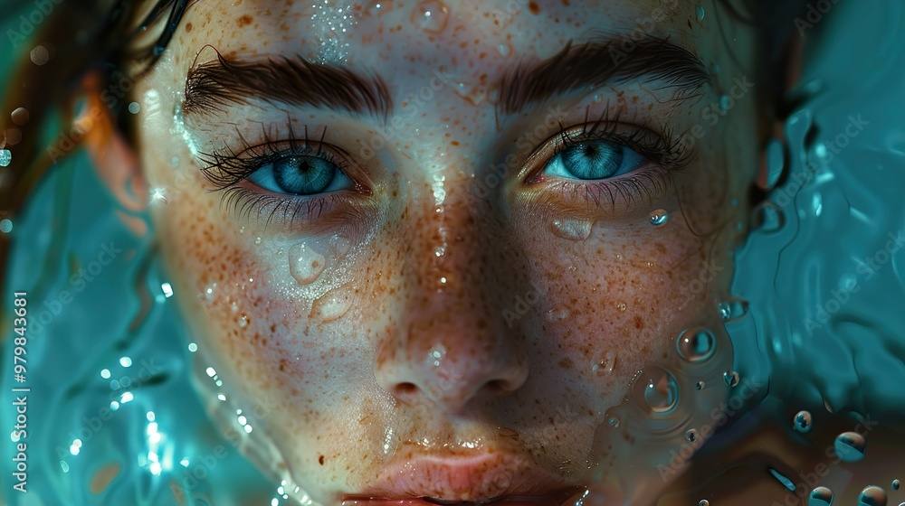 Close-up Portrait of a Woman Underwater with Water Drops on Her Face Close-up Portrait of a Woman Underwater with Water Drops on Her Face