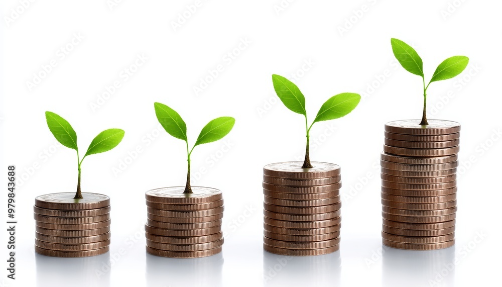 A series of growing coin stacks, each with a sprouting plant, illustrating the concept of green investments and wealth generation through sustainability. A series of growing coin stacks, each with a sprouting plant, illustrating the concept of green investments and wealth generation through sustainability.