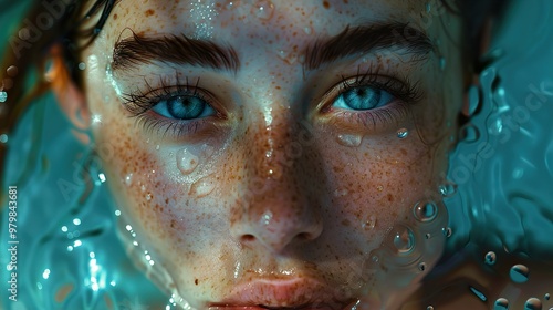 Close-up Portrait of a Woman Underwater with Water Drops on Her Face