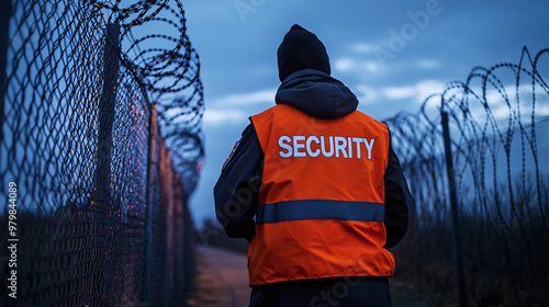 Security guard patrols a perimeter fence with barbed wire at sunset photo