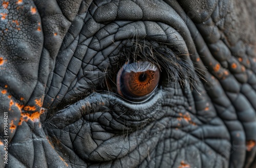 A closeup shot of an elephant's eye, captured in high resolution with Canon EOS R5 and RF80mm f/2 lens at f4 aperture setting photo