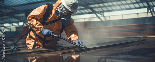 Cleaning solar panel on the roof. Worker in protective suit is cleaning ekological solars panel close up. photo