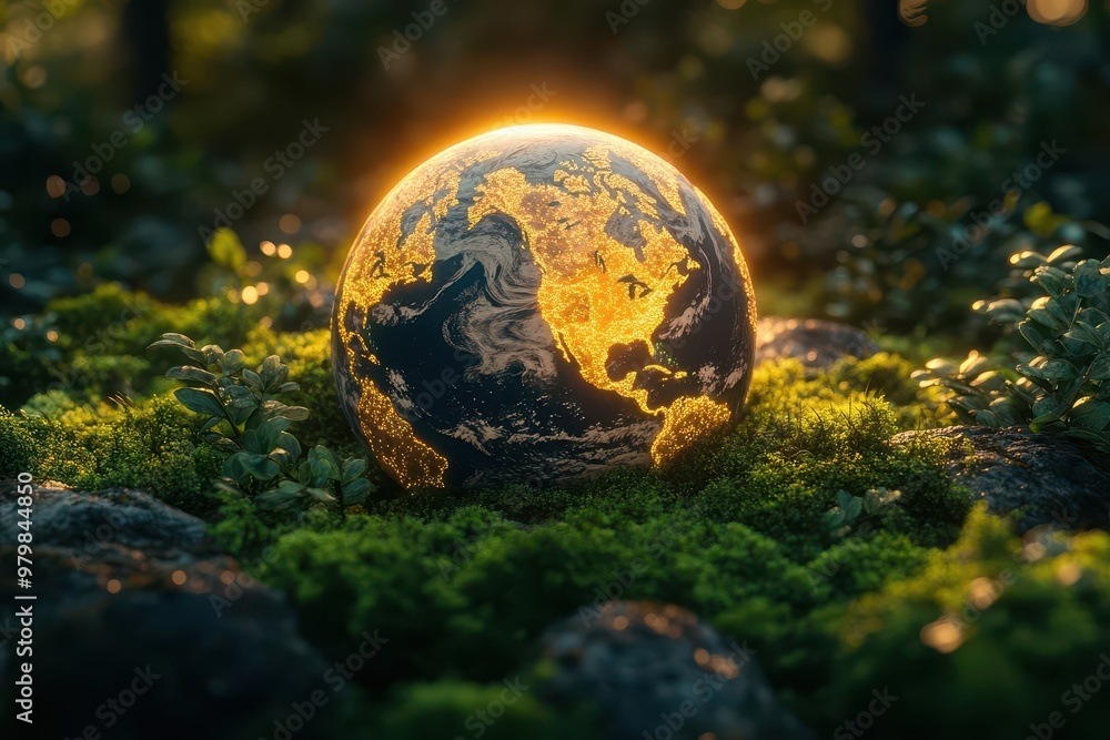 ethereal glowing earth nestled in lush moss forest bioluminescent plants and creatures surrounding the globe environmental conservation concept with magical realism ethereal glowing earth nestled in lush moss forest bioluminescent plants and creatures surrounding the globe environmental conservation concept with magical realism