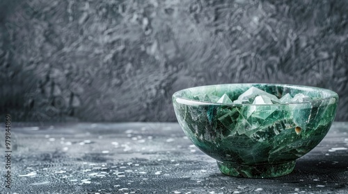 Bowl made of green serpentine and verdite crystal with space for text photo